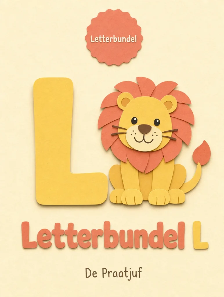 Omslag van Letterbundel L met een vrolijke papieren leeuw
