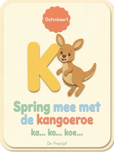 Voorbeeld-oefenkaart uit Letterbundel K: spring mee met de kangoeroe