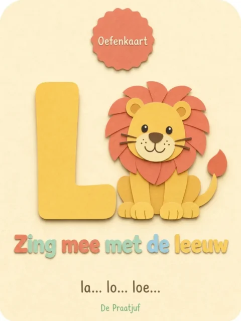 Voorbeeld-oefenkaart uit Letterbundel L: zing mee met de leeuw