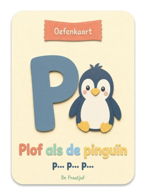 Voorbeeld-oefenkaart uit Letterbundel P: plof als de pinguïn