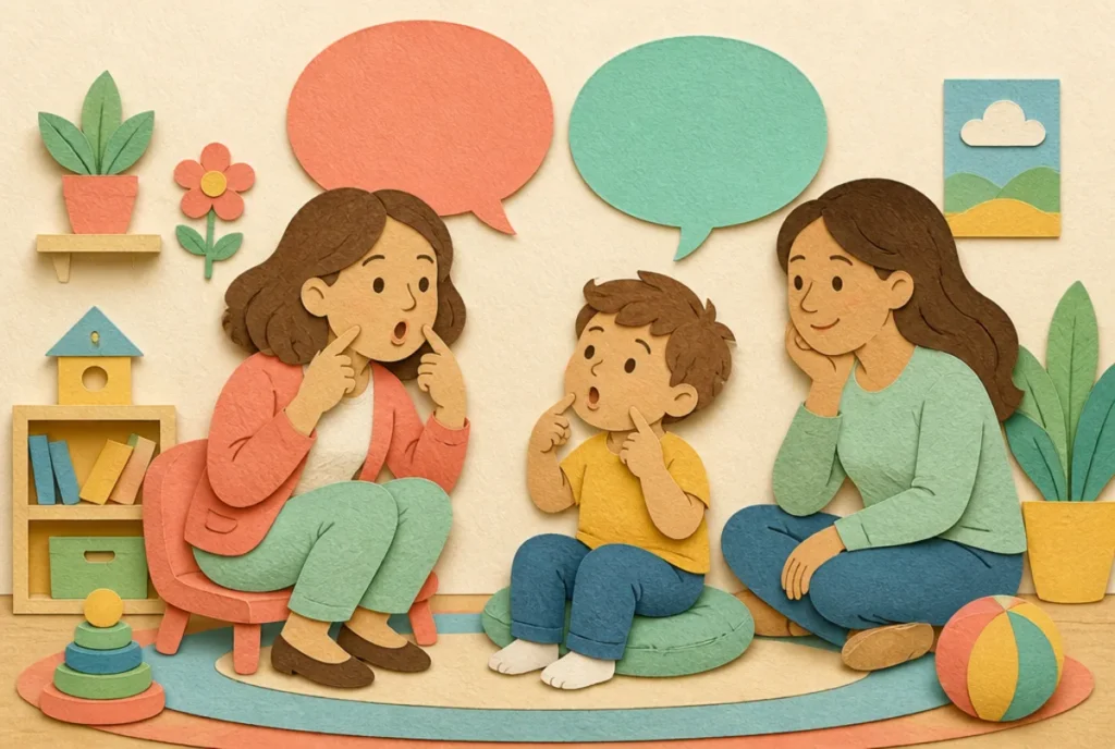 Papieren illustratie: logopedist doet een klank voor aan een kind, ouder kijkt mee.
