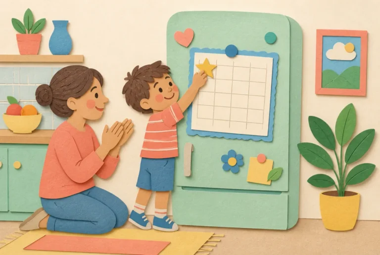 Papieren illustratie: kind plakt een gouden ster op de beloningsposter op de koelkast.